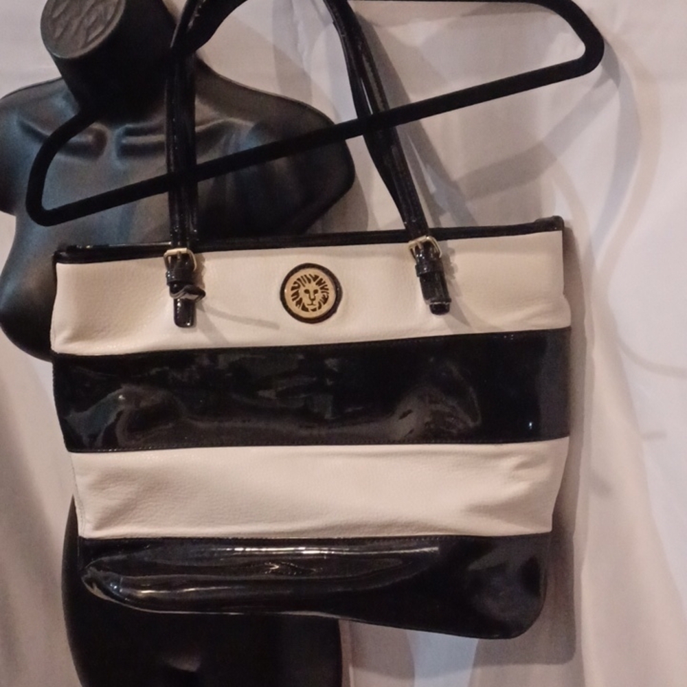 Anne Klein XL tote, black & white striped, 15"×13"×6"